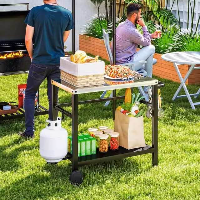 Outsunny Modern Metal Outdoor BBQ Table with Shelf and Castors in Charcoal Grey