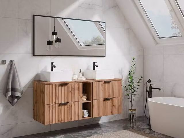 Vente-unique Suspended Striped Bathroom Vanity Unit with Niches and Double Square in Light Oak, W/D/H: 140 x 46 x 57 cm