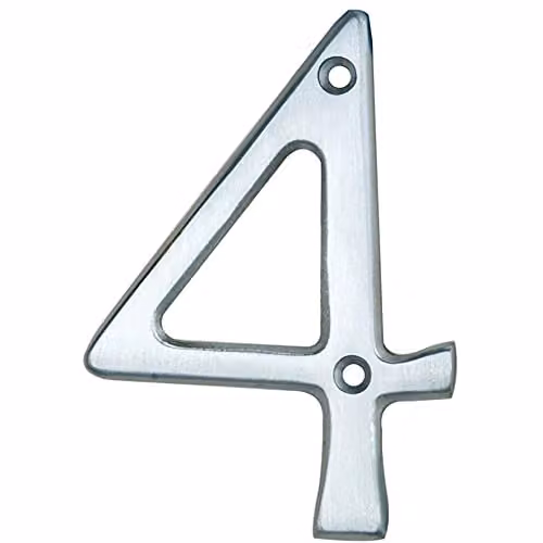 Loops Satin Chrome House Numeral Plaque, Number 4, Height: 7.5 cm, Depth: 0.53 cm