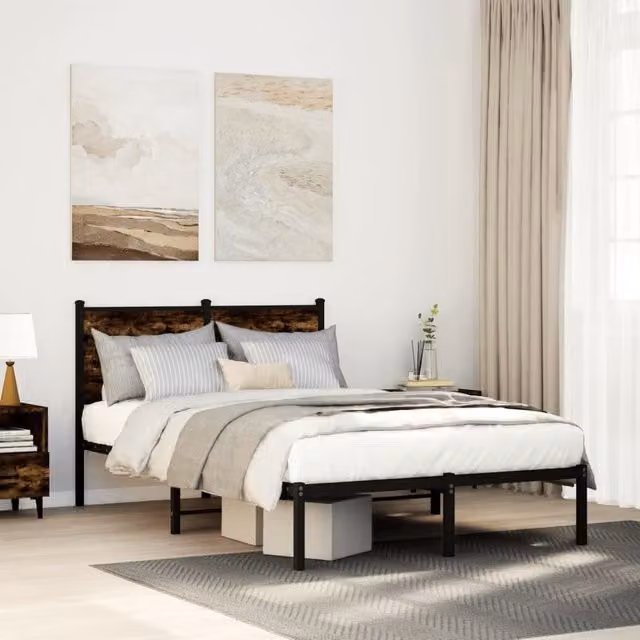 Berkfield Home Metal Bed Frame in Smoked Oak Brown, W/D/H: 120 x 200 cm