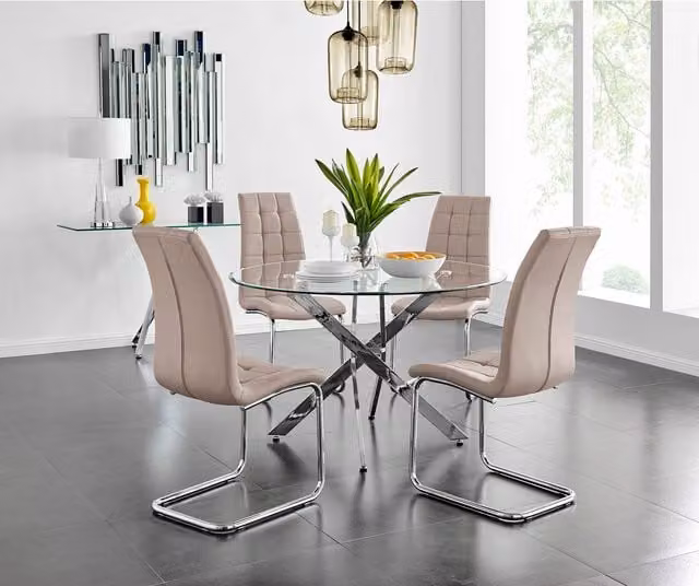 FurnitureboxUK Novara Round Glass Dining Table and 4 Murmur Chairs Set in Yellow with Chrome Metal X-Frame