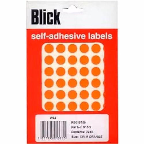 Blick Orange Self Adhesive Coloured Dot Circle Stickers, 13mm, 2240 Labels