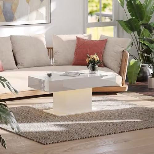 HOMCOM Extendable Modern High Gloss White Coffee Table with LED Lights – 3