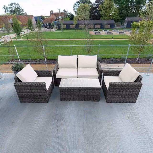 Primrose Living Modern Rattan 4 Seater Sofa Set with Coffee Table in Beige and Grey