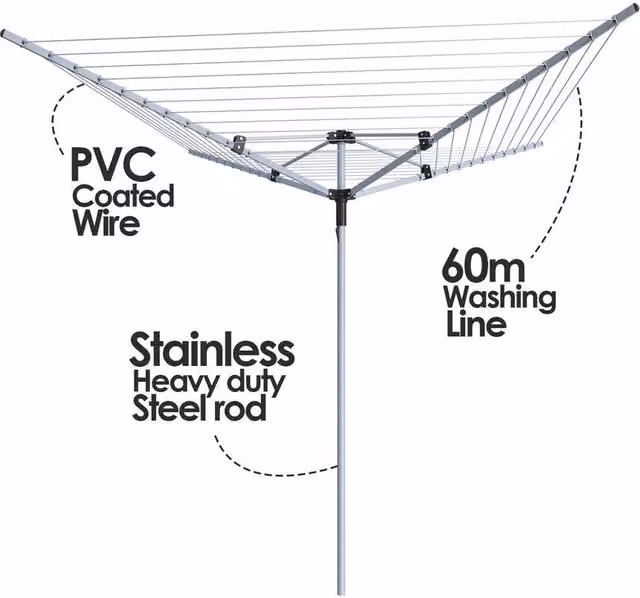 Spetlek 60m Rotary Airer Garden Clothes Line Dryer with 4 Arms in Silver, H 100 cm x W 60 cm