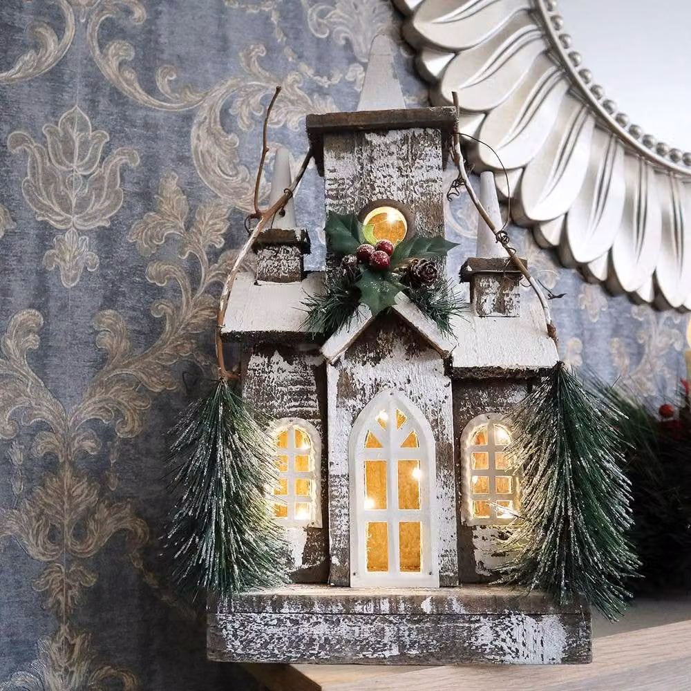 Shatchi Silver Wooden Christmas House Tabletop Decoration with Berries, Pines and Warm White Bulbs – 5