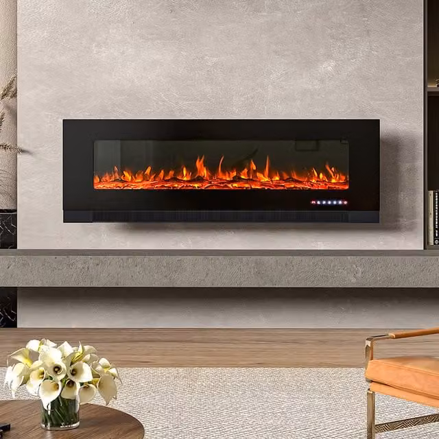 Livingandhome Black Wall-Mounted and Recessed Rectangular Electric Fireplace with Glass, Width: 127 cm