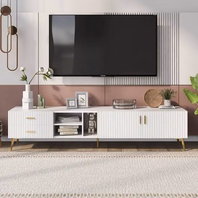 HomeTouch Modern White and Gold TV Unit Console Table with Media Compartments and Drawers