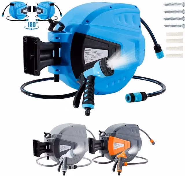 AREBOS Blue Wall-Mounted Hose Reel with 15 Metre Hose and Locking Stop