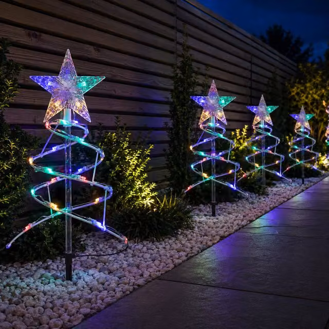 Samuel Alexander Set of 4 White Spiral Christmas Tree Garden Path Lights with 100 Multi-Colour LEDs, Height: 45 cm