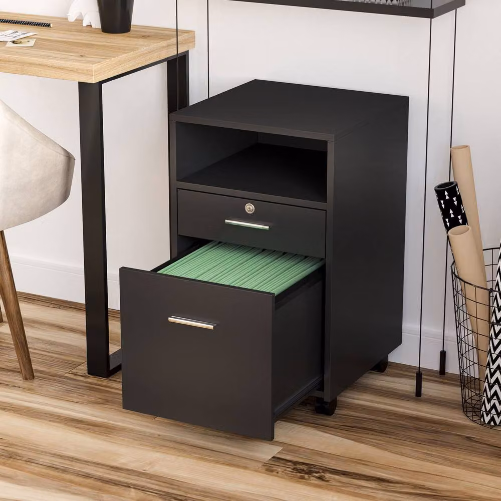 STILVORA Lockable 2-Drawer Filing Cabinet with Castors in Black – 3