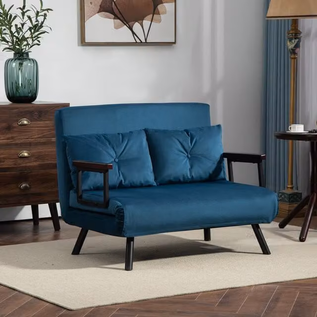 HOMCOM Convertible Single Chair Bed Settee with Armrests in Blue Velvet Fabric
