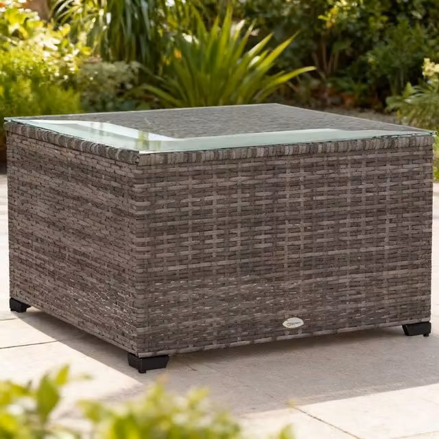 ERGOVEXA Modern Square Polyrattan Side Table with Glass Top, Grey, W/D/H: 62 x 62 x 38 cm
