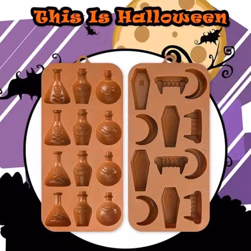VFM e-Store Halloween Chocolate Moulds with Fun Designs, Brown, W: 27 cm, D: 10 cm, Pack of 2 – 5