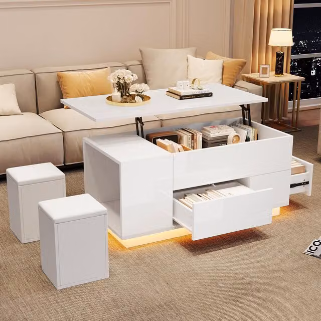 Aosom UK White Lift-Top Coffee Table with App-Controlled LED and 2 Storage Ottomans, W: 100 cm, D: 50 cm, H: 45 cm – 1