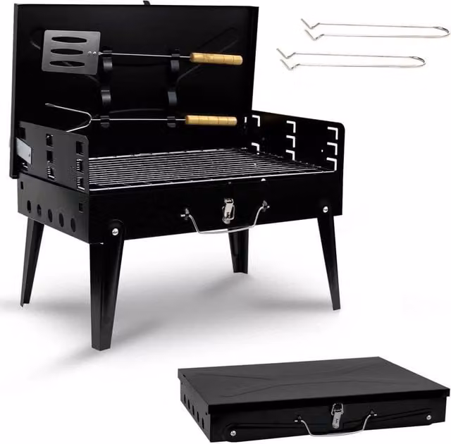 FLAVORA Portable Foldable Charcoal BBQ Grill in Black, Tabletop Metal Design, W: 100 cm, D: 15 cm, H: 15 cm