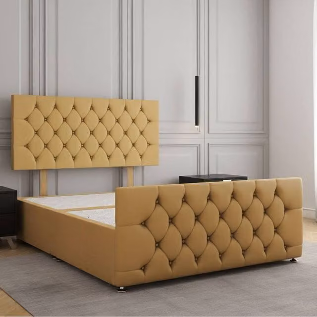 REGIONAL FURNISHINGS Mustard Yellow Velvet Plush Divan Bed with 24 inch Headboard and 20 inch Footboard, King Size, W/D/H: 180 x 200 cm