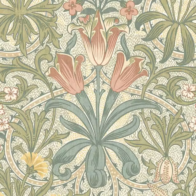 William Morris At Home Woodland Weeds Fabric in Apple Green and Multicolour