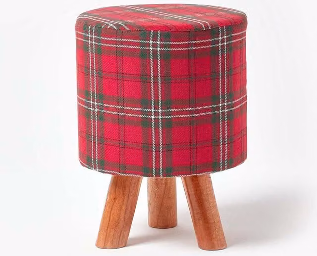 Homescapes Red Checked Tartan Fabric Footstool with Wooden Legs – 1