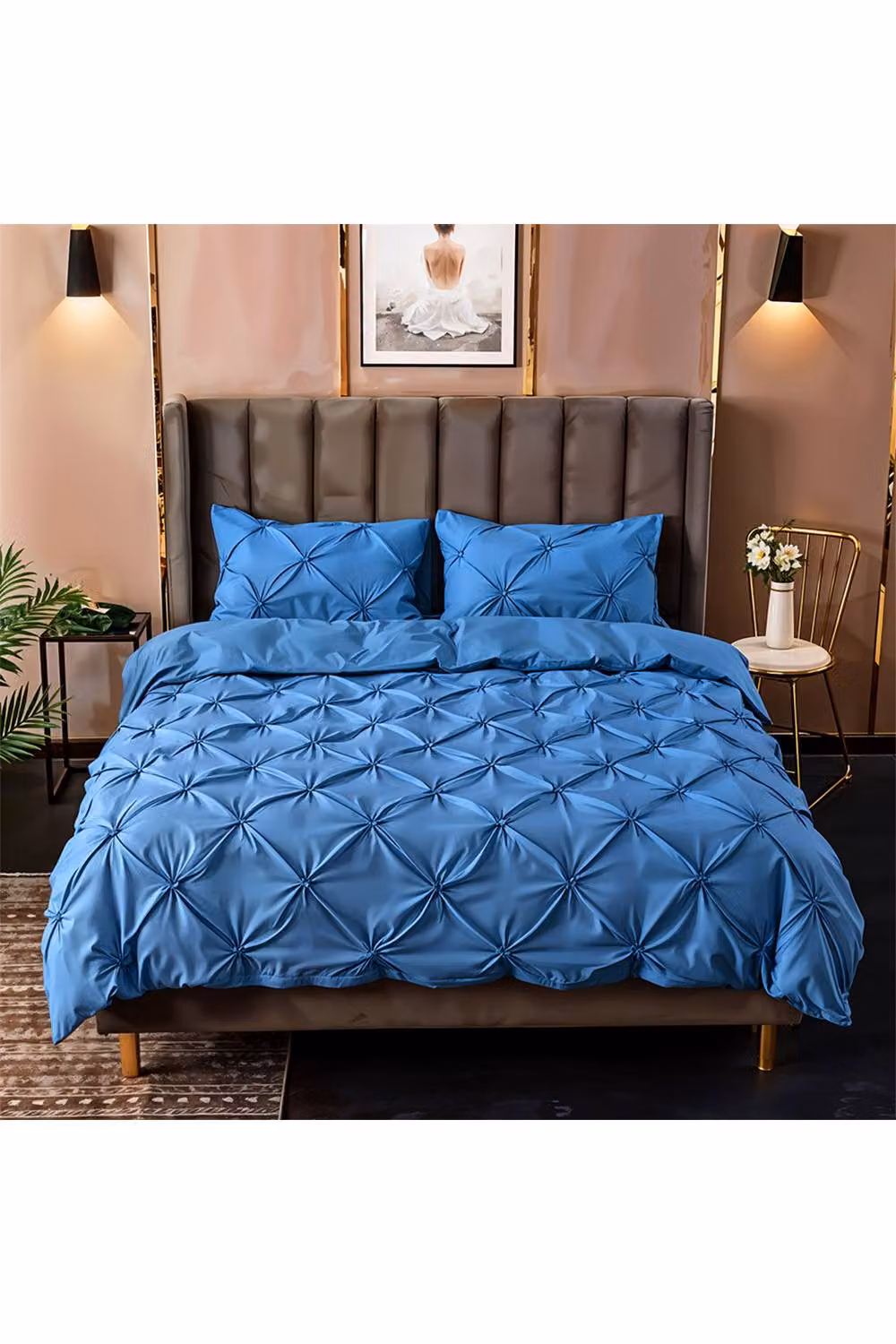 Living and Home Textured Pinch Pleat 3 Piece Duvet Cover and Pillowcase Set in Blue, Single (90 x 200 cm) – 2