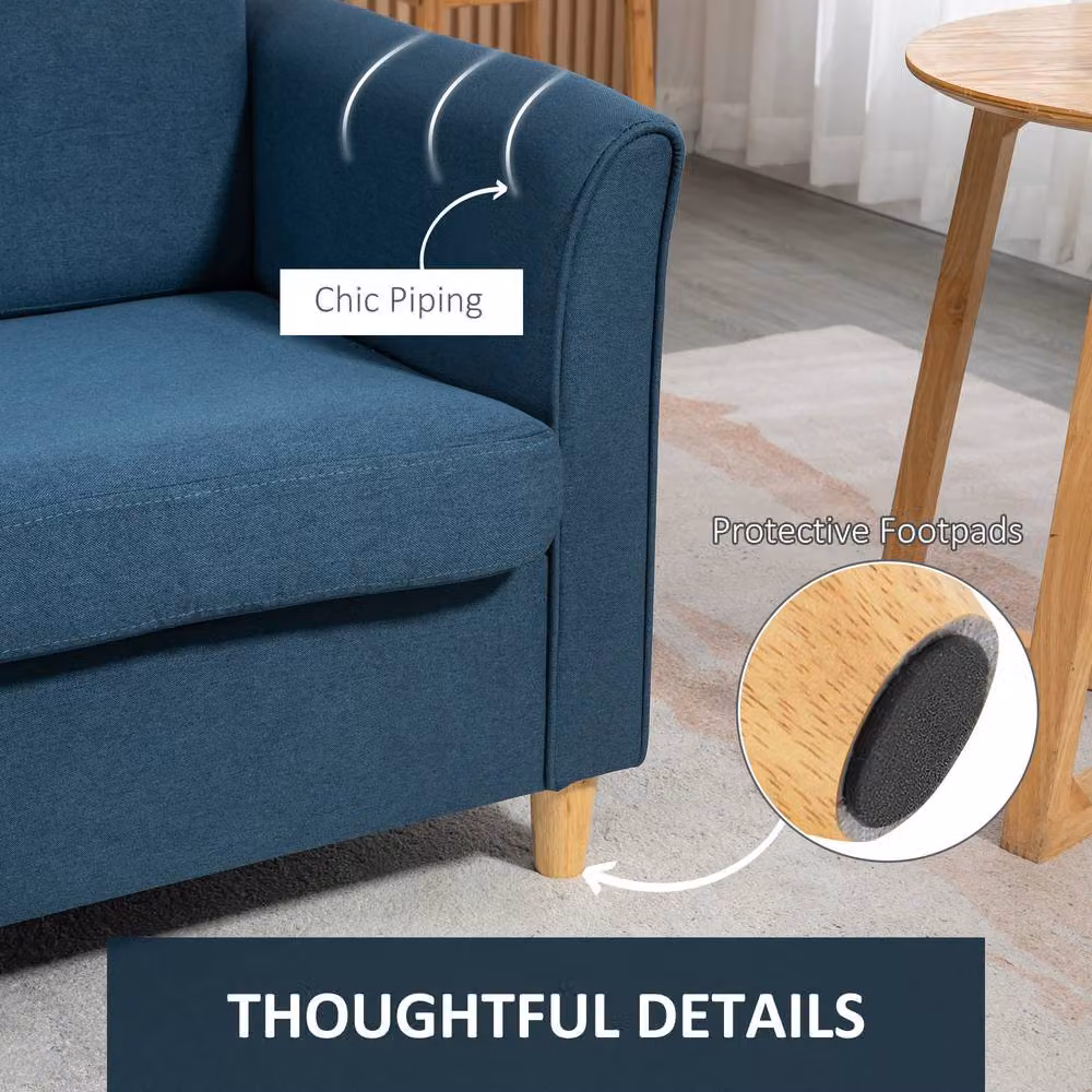 STILVORA 2 Seater Blue Fabric Upholstered Sofa with Wood Legs – 5