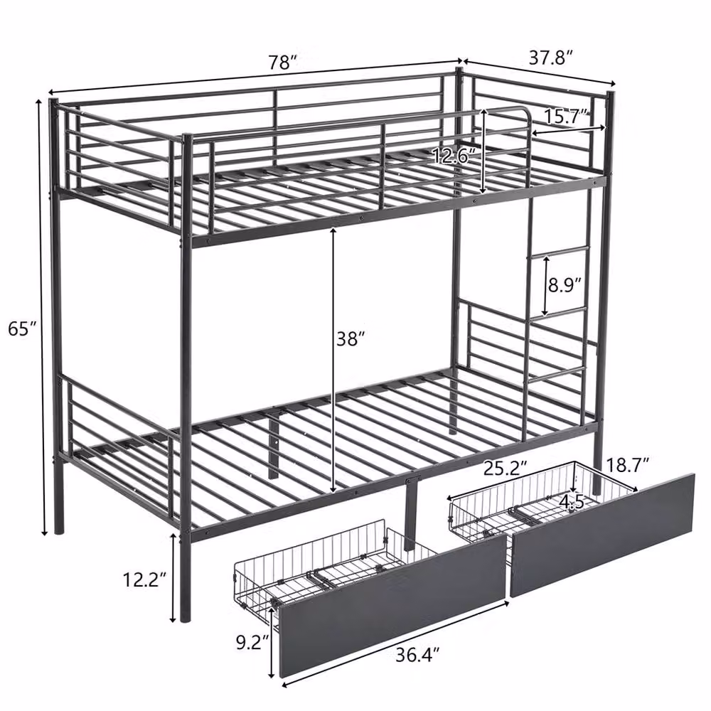 Kelvenix Single Metal Loft Bunk Bed Frame with Drawers, Black – 2