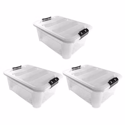 JVL Set of 3 Plastic Secure Clip Lidded Storage Boxes, Stackable and Nestable, Transparent, 25L per box