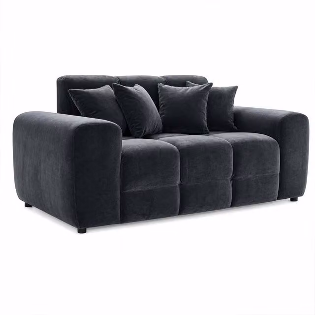 Furnishings For Less UK Jenson Black 2 Seater Plush Velvet Sofa with Deep Seats and Scatter Cushions W/D/H: 175 x 105 x 90 cm – 1