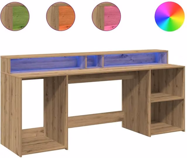 Berkfield Home Gaming Desk with LED Lights in Artisan Oak Brown, W/D/H: 200 x 55 x 91 cm