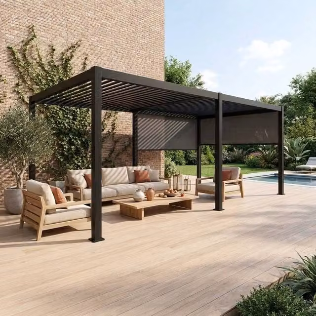 sweeek Aluminium Louvered Pergola with 2 Blinds in Dark Grey, W: 600 cm, D: 300 cm, H: 250 cm