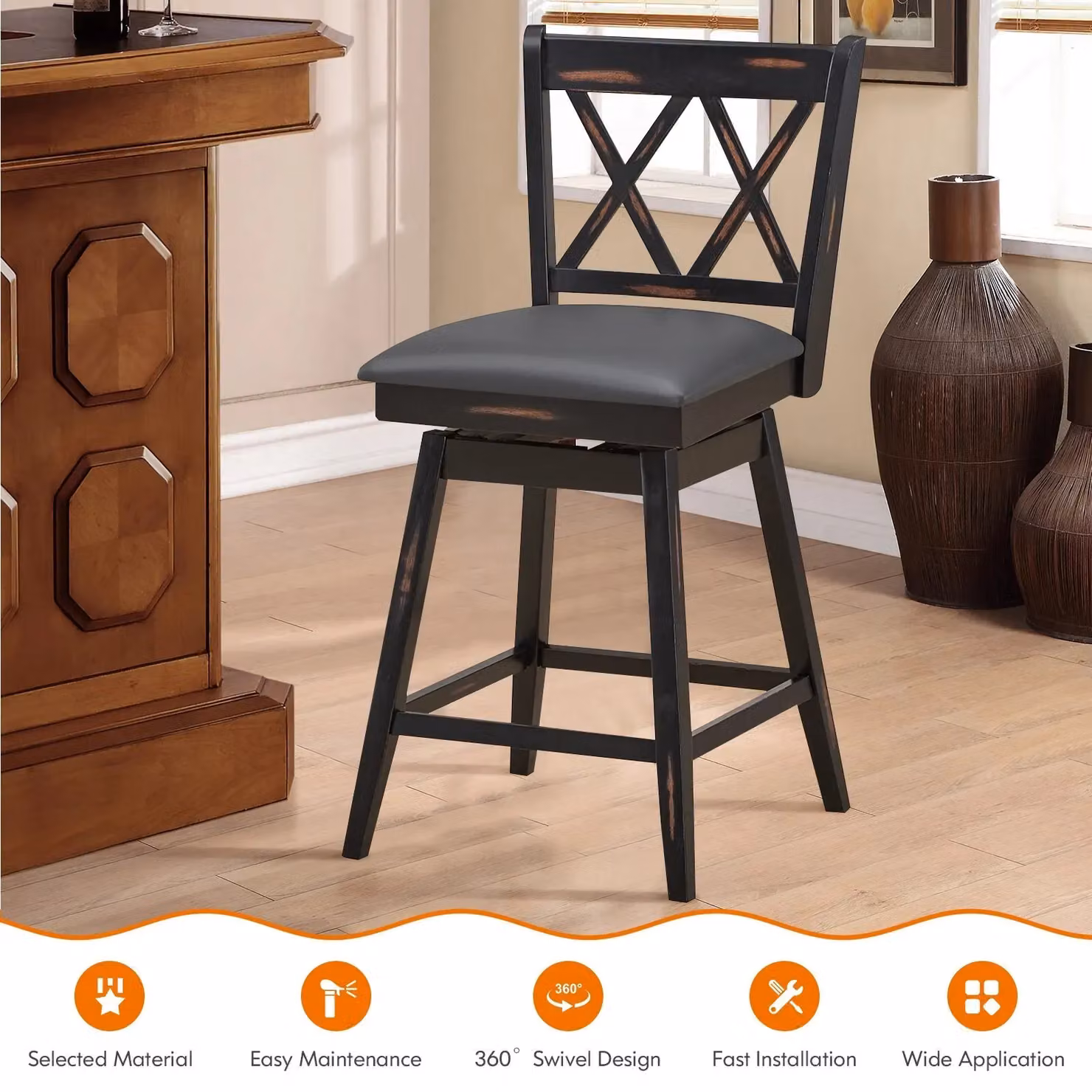 Costway Set of 2 Black Swivel Bar Stools with Upholstered Synthetic Leather Seats – 3