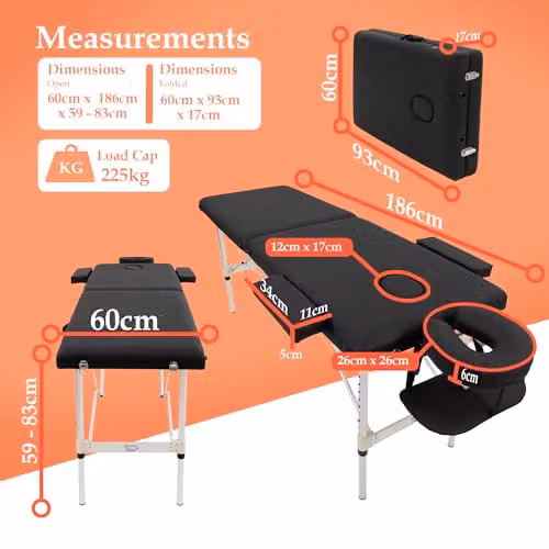 Inner Bliss Portable 2-Section Folding Massage Table with Aluminium Frame and Face Cradle, Black, Width: 60 cm – 5