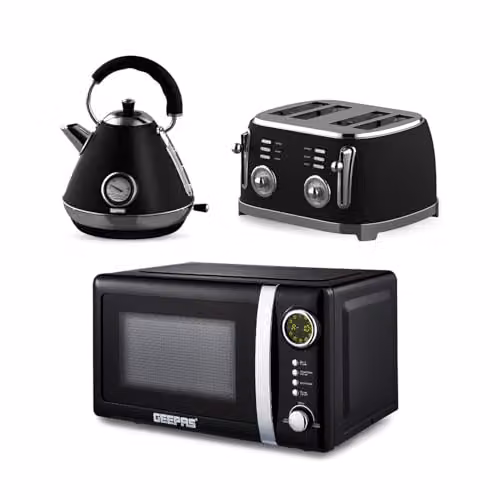 Geepas Retrovive Black Kitchen Combo Set including 1.7L Electric Kettle, 4 Slice Toaster and 20L Digital Microwave Oven – 3