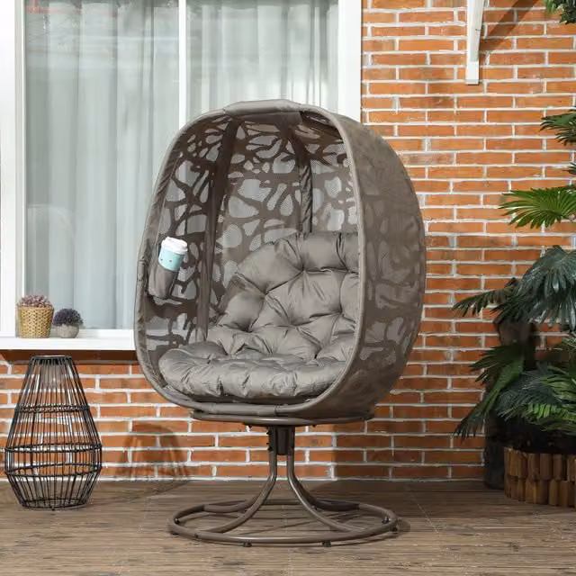 Outsunny Foldable Egg Chair with Cushions Outdoor Swivel Lounger in Sand Brown