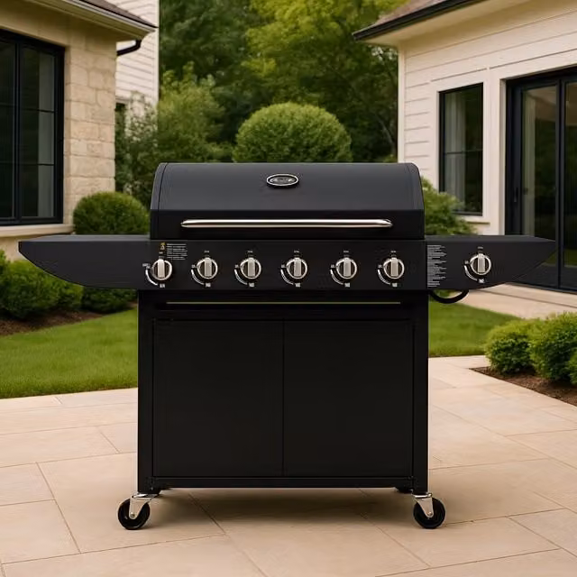Campfire 7 Burner Outdoor Gas BBQ Grill Trolley with Side Burner and Side Shelf in Black
