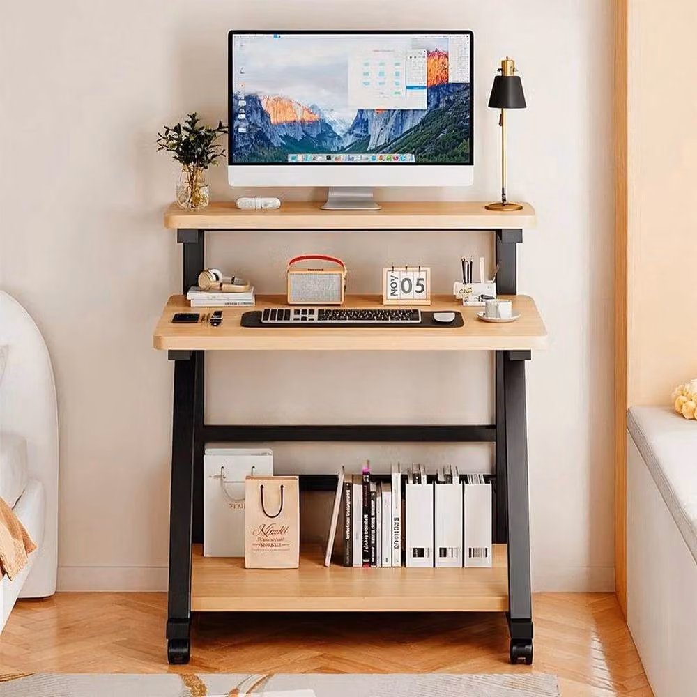 KORVIXA 3-Tier Mobile Computer Desk and Laptop Table in Natural, W/D/H: 100 x 100 cm – 3