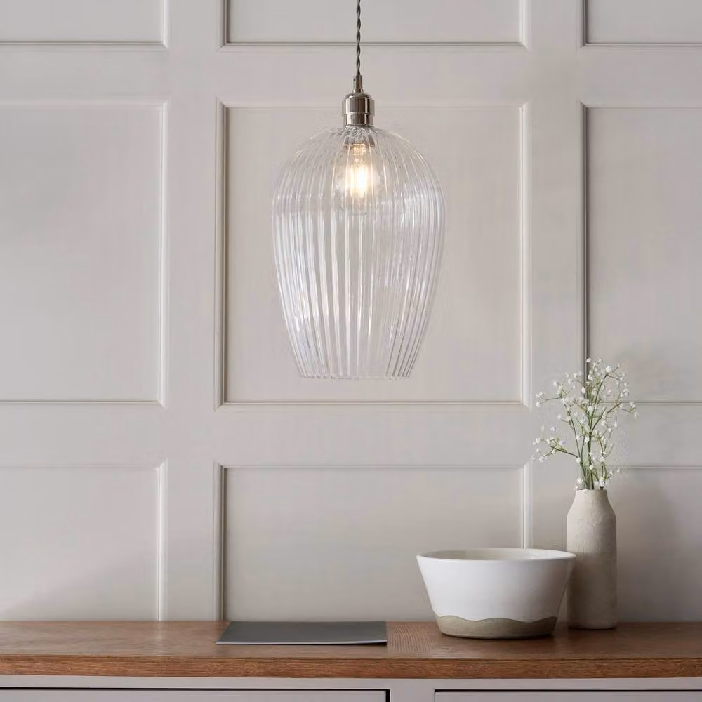 Netlighting Livorno Dome Pendant Light with Grey Transparent Ribbed Glass and Silver Metal Details – 2