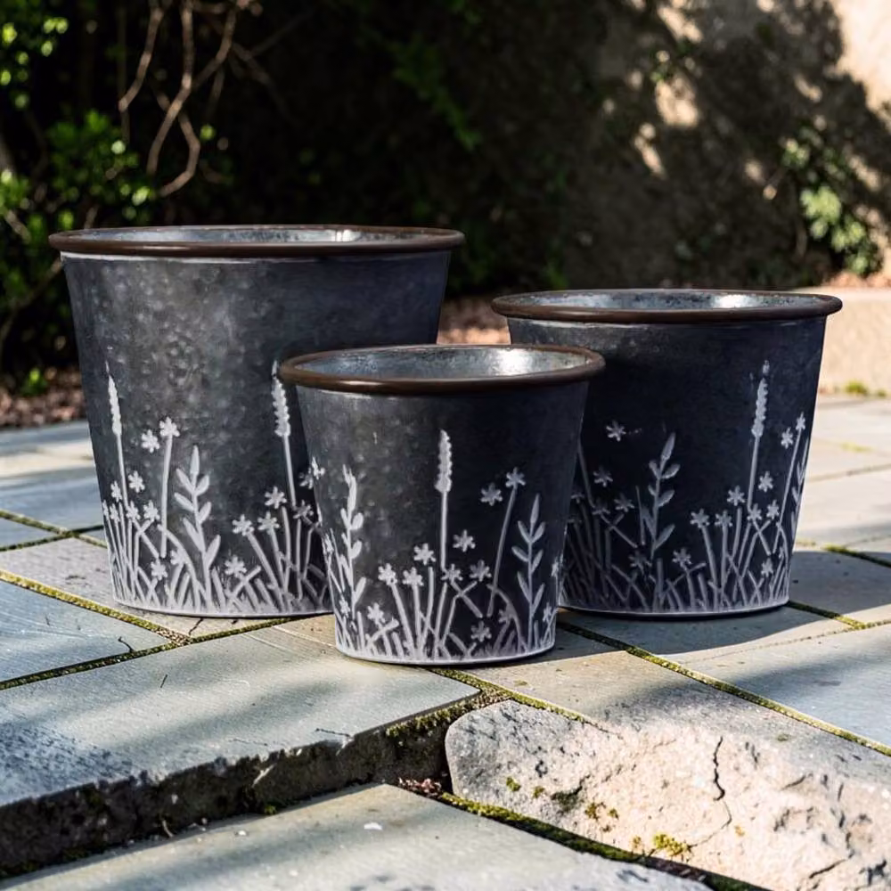 Four Candle Set of 3 Rustic Embossed Meadow Metal Planters in Grey – 2