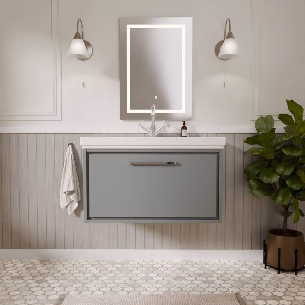 Balterley Modern Wall Hung Single Drawer Bathroom Vanity with Fireclay Basin, Grey, Width: 80 cm – 2