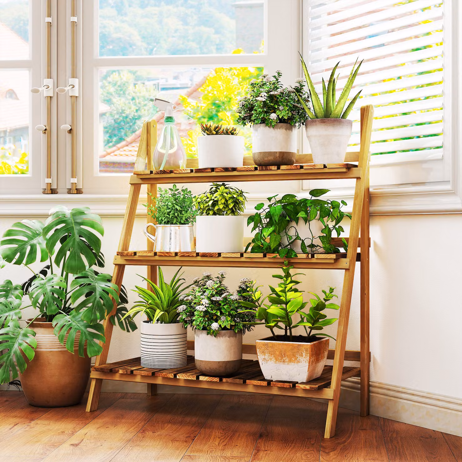 Outsunny 3 Tier Wooden Folding Flower Pot Stand, Brown Garden Planter Ladder for Herbs and Plants, H 93 x W 71.5 x D 37 cm – 2