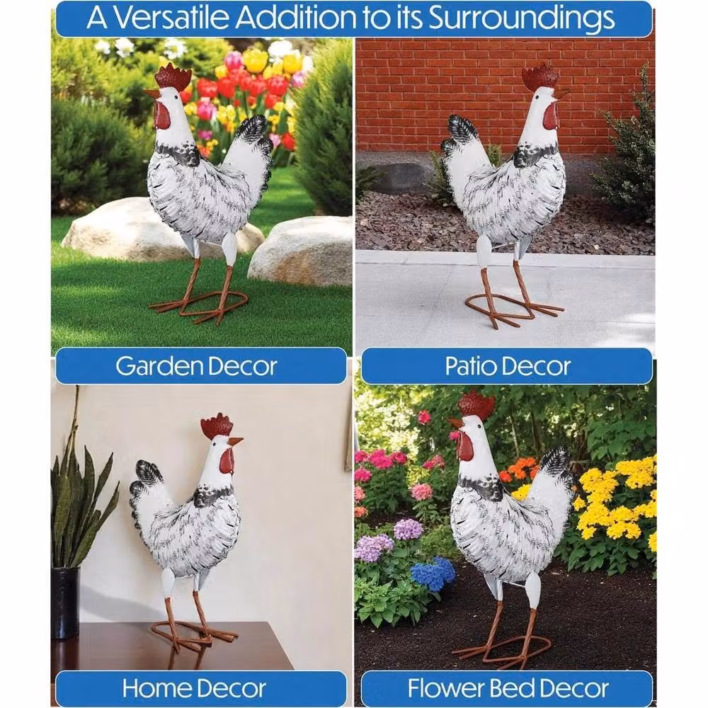 NESTLUNE Metal Chicken Garden Ornament in White, Height: 100 cm, Width: 15 cm – 4