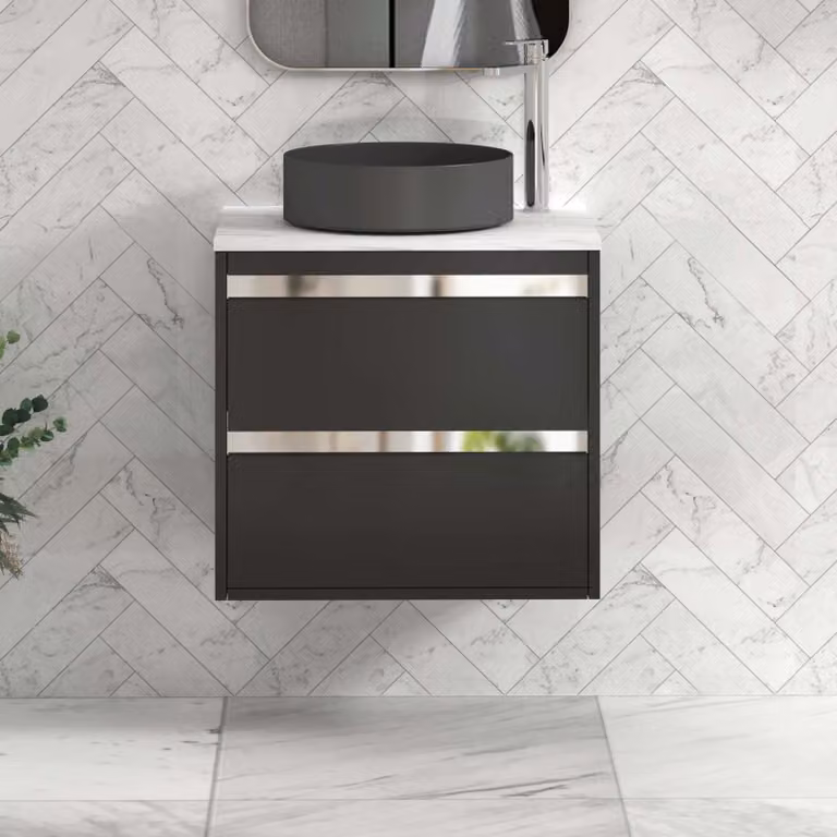 Royal Bathrooms Orion 600mm Matt Obsidian Black Wall Hung Countertop Vanity Unit with 2 Drawers, Art Round Basin and Chrome Accent Trim