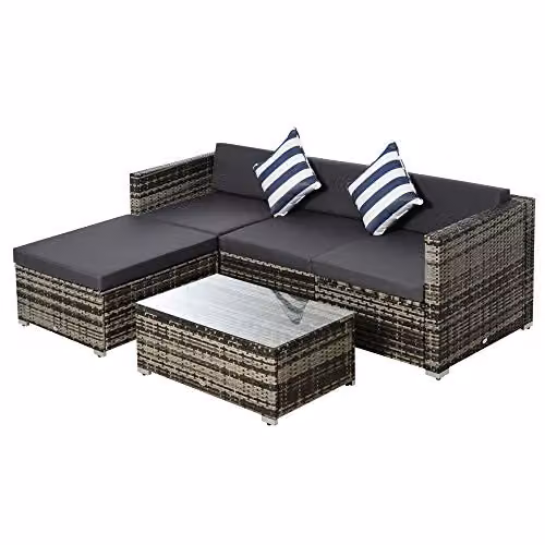 Outsunny 5 Piece L-Shape Polyrattan Garden Furniture Set with Cushions in Grey