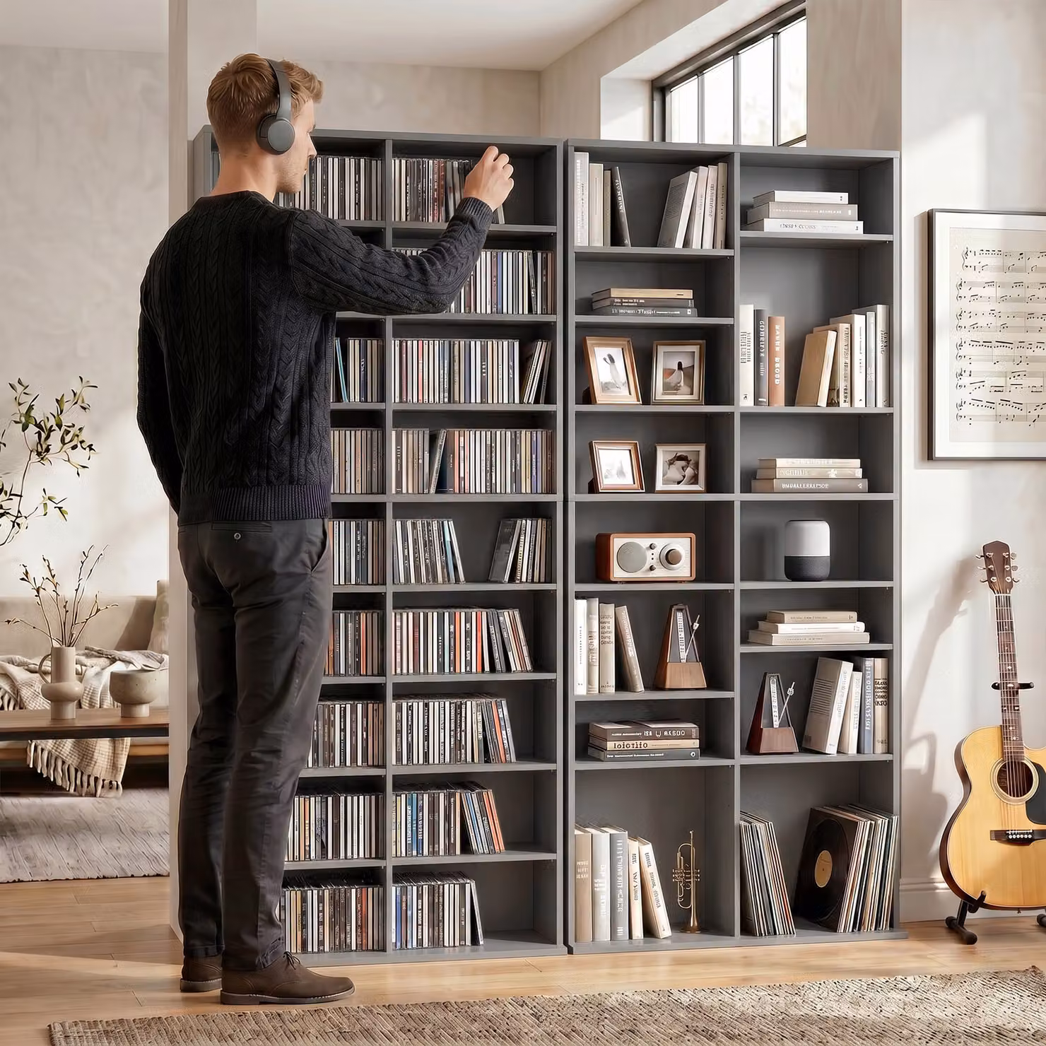 HOMCOM 640 CD Storage Tower in Grey with Adjustable Shelves and Media Compartments – 8