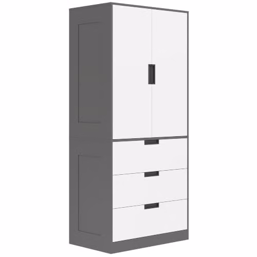 HOMCOM Modern 2 Door Wardrobe with 3 Integrated Drawers and Soft Close Doors, Grey, W/D/H: 80 x 50 x 180 cm