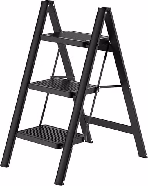 Nordara Black 3-Step Steel Folding Ladder with Non-Slip Rubber Feet – 1