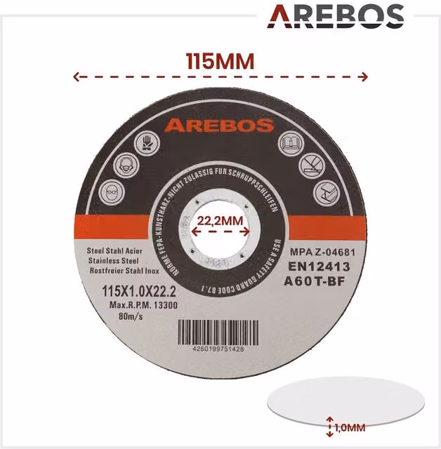 AREBOS Grey Flat Stainless Steel Metal Cutting Discs 11.5 mm
