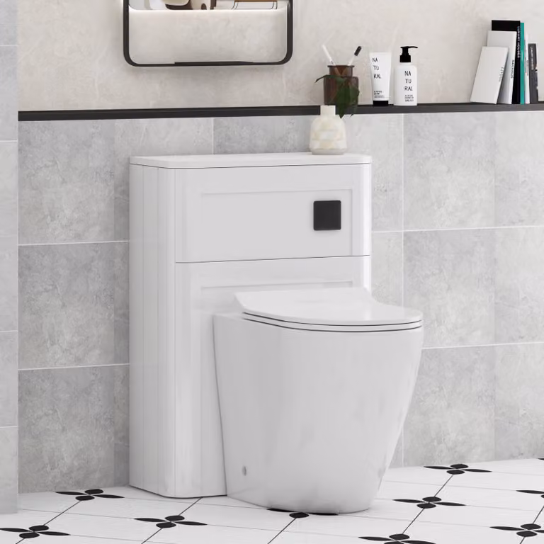 Royal Bathrooms Henley Gloss White BTW WC Unit with Elva Rimless Short Projection Ceramic Toilet Pan, Slim Soft Close Seat and Cistern, Width: 55 cm