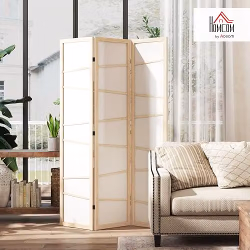 HOMCOM 3 Panel Wooden Folding Room Divider with Striped Fabric in Beige, Sand and White, H 170 x W 120 x D 1.8 cm – 2