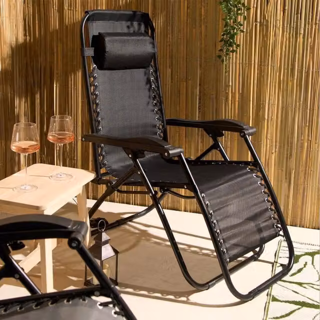 Black Textilene Garden Gravity Folding Sun Lounger with Armrests
